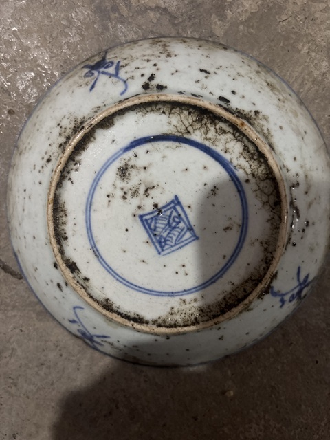 古玩陶瓷青花茶花靈芝紋盤真品鑒賞圖