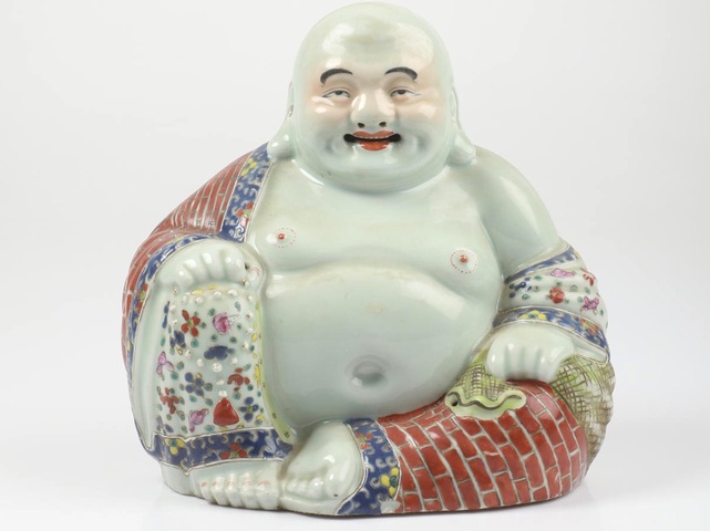 古玩陶瓷民國粉彩彌勒佛塑像真品鑒賞圖