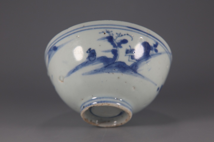 古玩陶瓷高士山水圖青花茶圓真品鑒賞圖