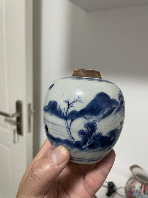 古玩陶瓷人物山水青花罐真品鑒賞圖