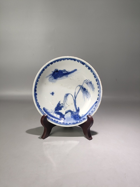 古玩陶瓷山水人行舟柳青花盤真品鑒賞圖