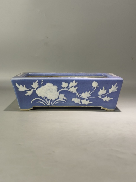 古玩陶瓷當代·藍釉堆白四季花卉紋水仙盆 真品鑒賞圖