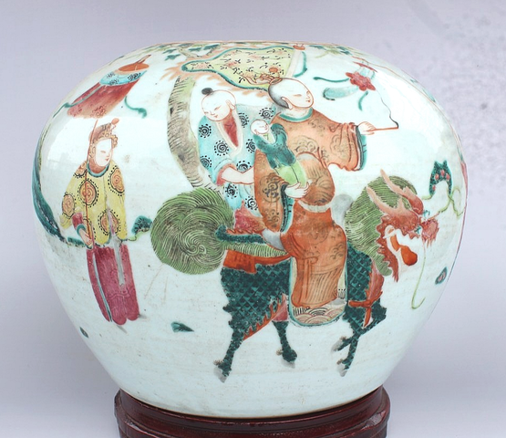 古玩陶瓷粉彩麒麟送子西瓜罐真品鑒賞圖