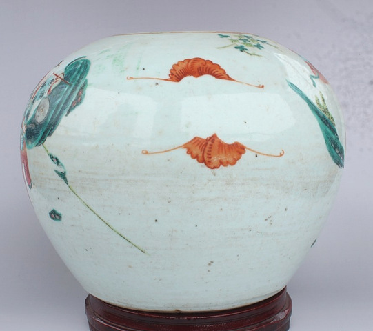 古玩陶瓷粉彩麒麟送子西瓜罐真品鑒賞圖