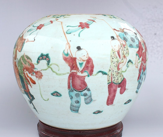 古玩陶瓷粉彩麒麟送子西瓜罐真品鑒賞圖