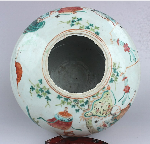 古玩陶瓷粉彩麒麟送子西瓜罐真品鑒賞圖