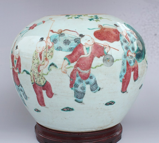 古玩陶瓷粉彩麒麟送子西瓜罐真品鑒賞圖
