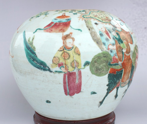 古玩陶瓷粉彩麒麟送子西瓜罐真品鑒賞圖