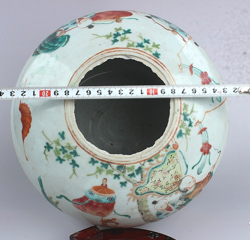 古玩陶瓷粉彩麒麟送子西瓜罐真品鑒賞圖