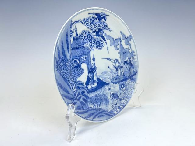 古玩陶瓷清晚期·青花白娘子水漫金山寺故事盤真品鑒賞圖