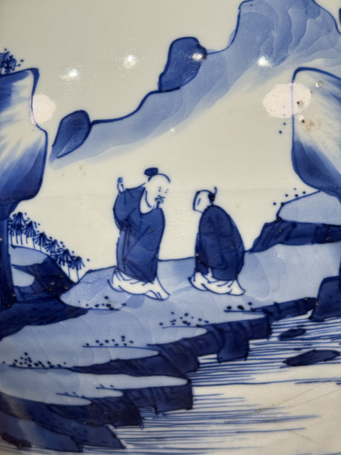 古玩陶瓷人物山水紋青花將軍罐真品鑒賞圖