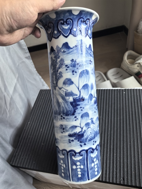 古玩陶瓷晚清青花山水花觚真品鑒賞圖