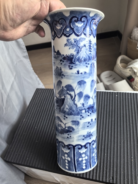 古玩陶瓷晚清青花山水花觚真品鑒賞圖