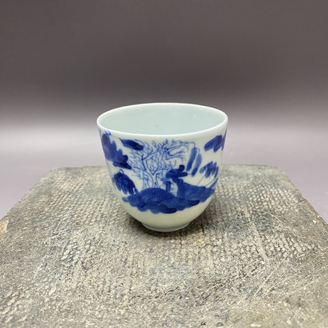 古玩陶瓷 樵漁耕讀山水紋青花杯真品鑒賞圖