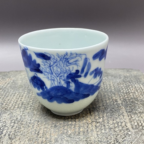 古玩陶瓷 樵漁耕讀山水紋青花杯真品鑒賞圖