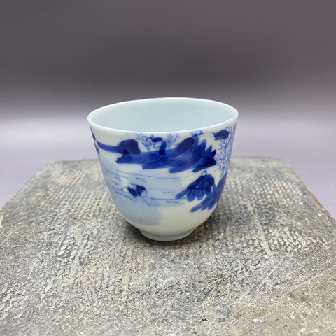 古玩陶瓷 樵漁耕讀山水紋青花杯真品鑒賞圖