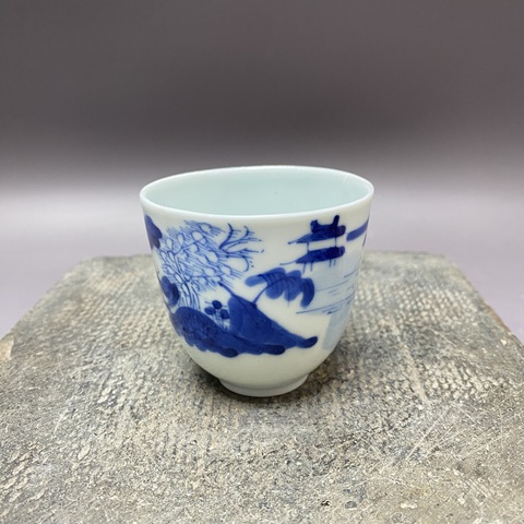 古玩陶瓷 樵漁耕讀山水紋青花杯真品鑒賞圖