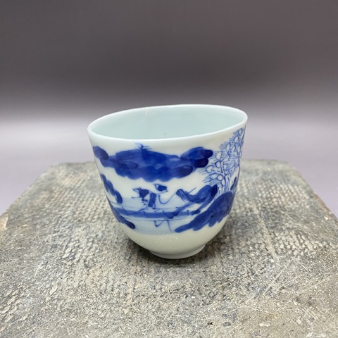 古玩陶瓷 樵漁耕讀山水紋青花杯真品鑒賞圖