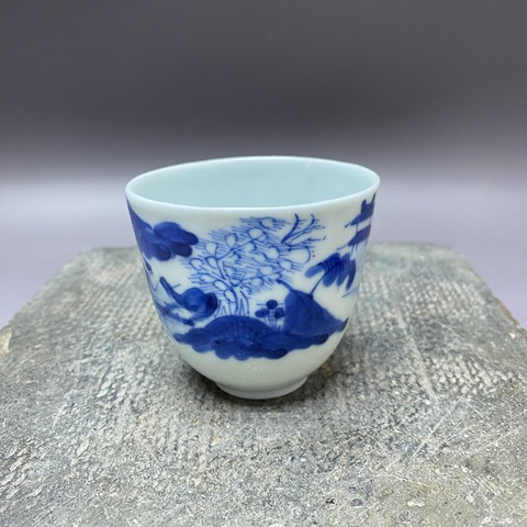 古玩陶瓷 樵漁耕讀山水紋青花杯真品鑒賞圖