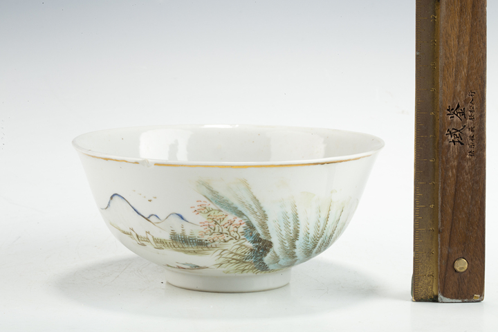 古玩陶瓷民國·淺絳彩山水詩文碗真品鑒賞圖