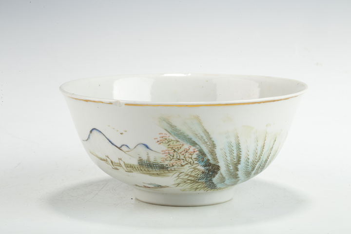 古玩陶瓷民國·淺絳彩山水詩文碗真品鑒賞圖