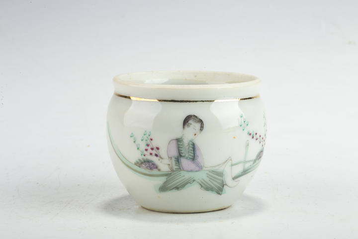 古玩陶瓷民國·粉彩桃花仕女圖小水缸真品鑒賞圖