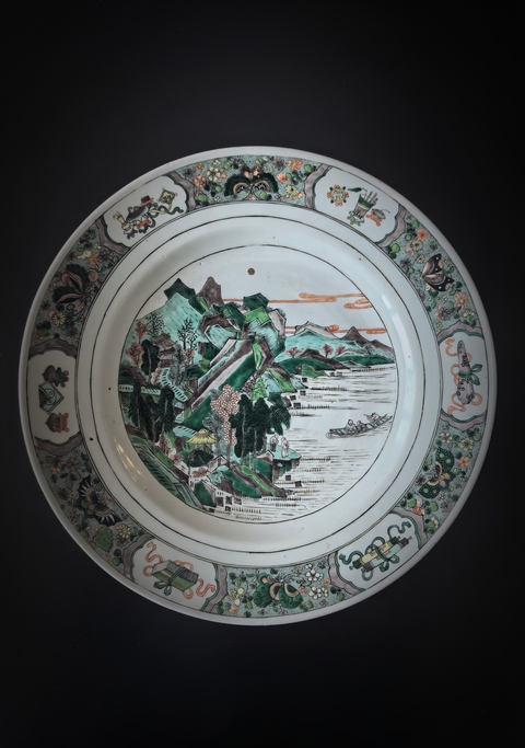 古玩陶瓷清康熙五彩山水紋折沿盤拍賣，當前價格28888元