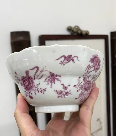 古玩陶瓷清乾隆 胭脂紅花卉紋折腰碗真品鑒賞圖