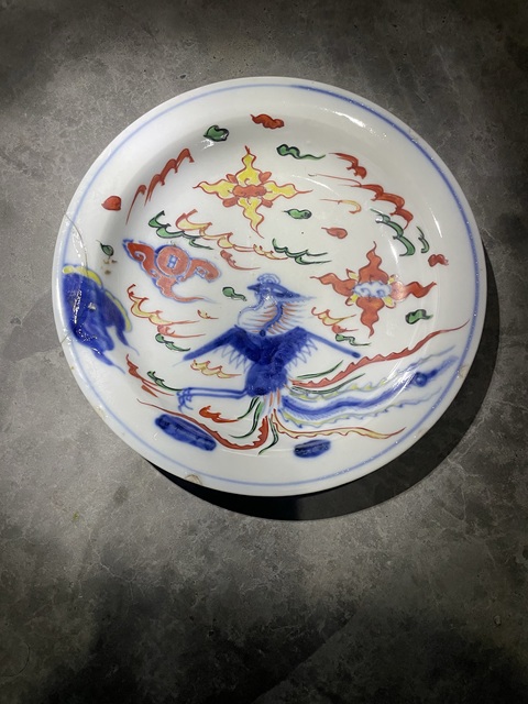 古玩陶瓷日本明治青花彩繪鳳紋盤真品鑒賞圖