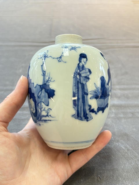 古玩陶瓷青花仕女人物罐，疑似復窯真品鑒賞圖