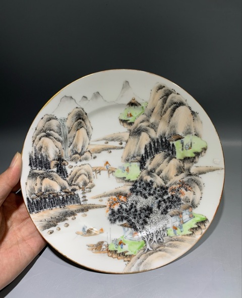 古玩陶瓷山水攜琴訪友紋盤真品鑒賞圖