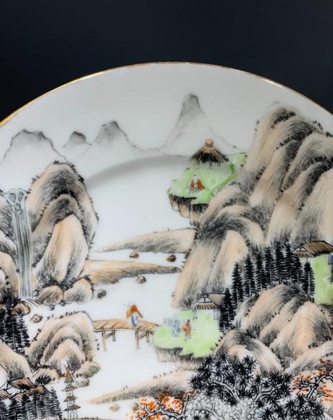 古玩陶瓷山水攜琴訪友紋盤真品鑒賞圖