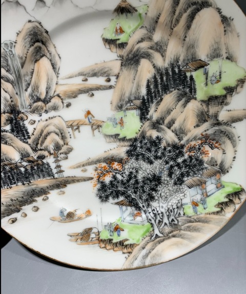 古玩陶瓷山水攜琴訪友紋盤真品鑒賞圖