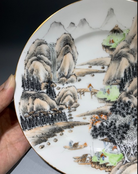 古玩陶瓷山水攜琴訪友紋盤真品鑒賞圖