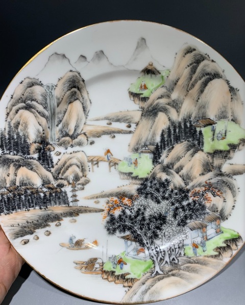 古玩陶瓷山水攜琴訪友紋盤真品鑒賞圖