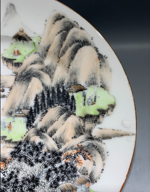 古玩陶瓷山水攜琴訪友紋盤真品鑒賞圖