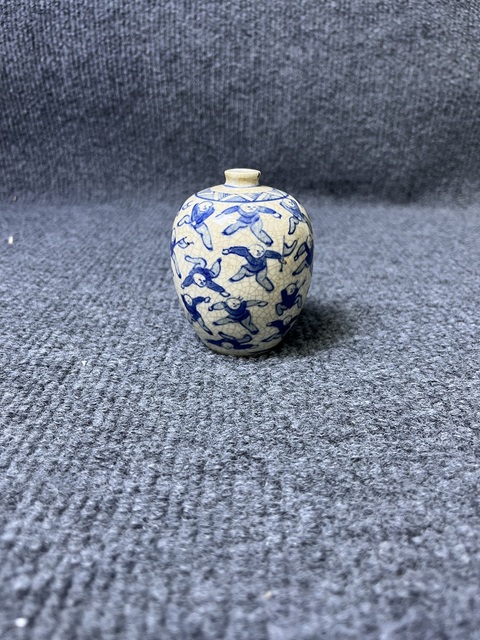 古玩陶瓷青花煨瓷百子紋小罐真品鑒賞圖
