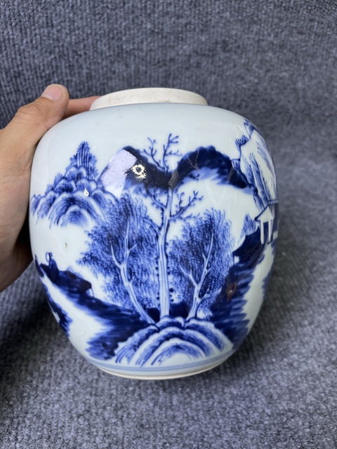 古玩陶瓷青花山水紋罐真品鑒賞圖