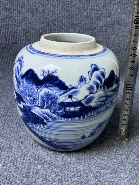 古玩陶瓷青花山水紋罐真品鑒賞圖