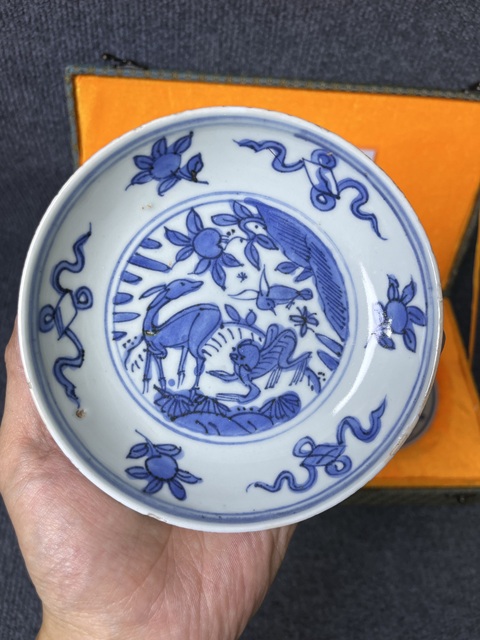 古玩陶瓷青花喜鹿封侯花卉雜寶紋盤一對真品鑒賞圖