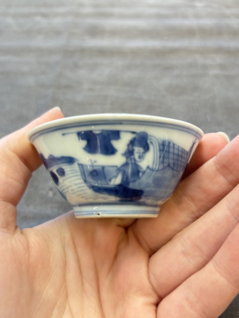 古玩陶瓷青花漁家樂紋杯碟真品鑒賞圖