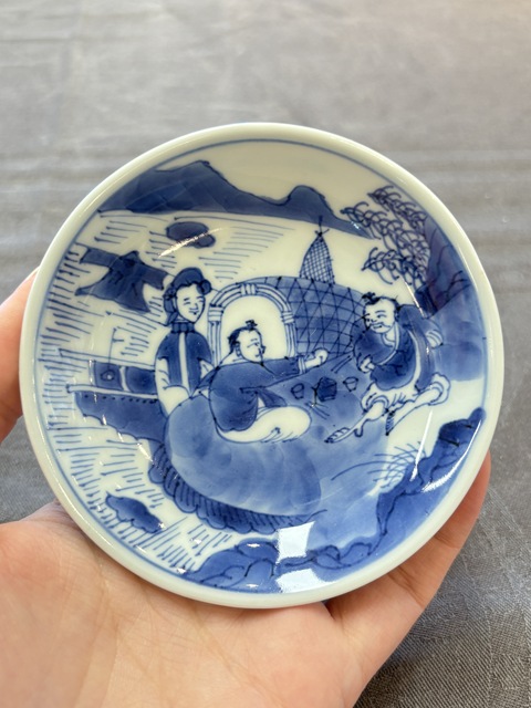 古玩陶瓷青花漁家樂紋杯碟真品鑒賞圖