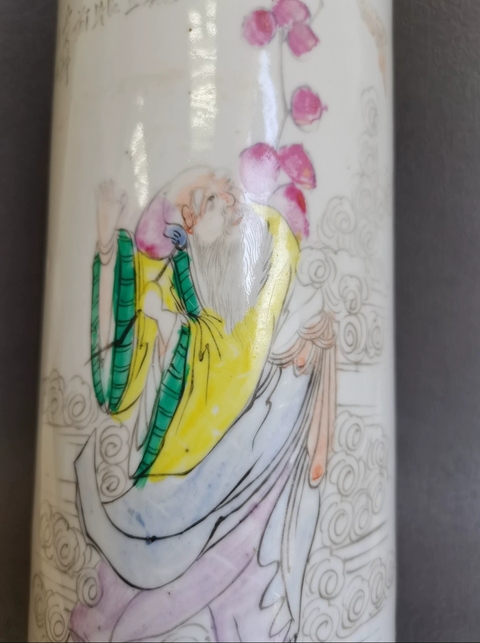 古玩陶瓷粉彩東方朔偷桃帽筒真品鑒賞圖