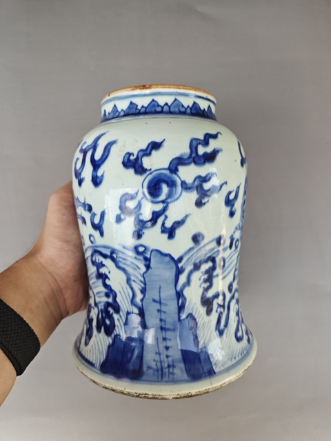 古玩陶瓷海水江崖馬紋青花罐真品鑒賞圖