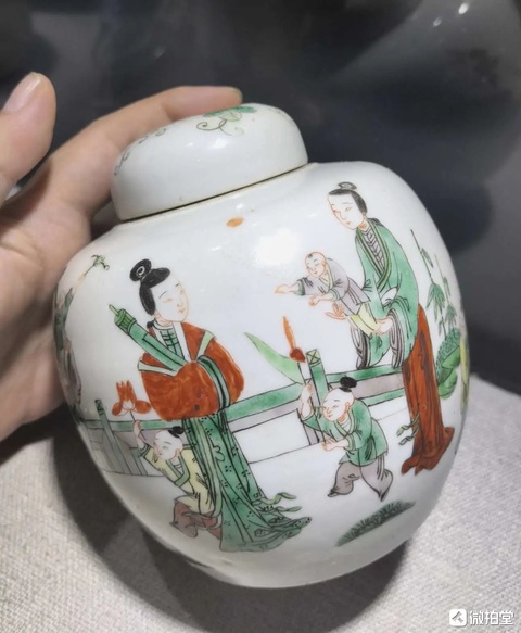 古玩陶瓷五彩三娘教子蓋罐真品鑒賞圖