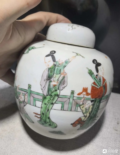 古玩陶瓷五彩三娘教子蓋罐真品鑒賞圖