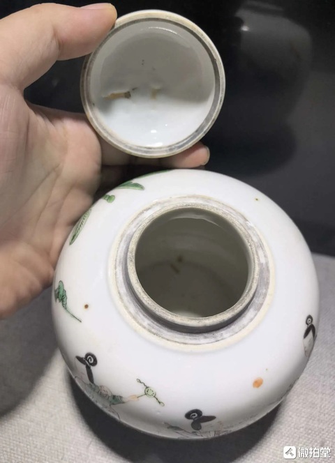 古玩陶瓷五彩三娘教子蓋罐真品鑒賞圖