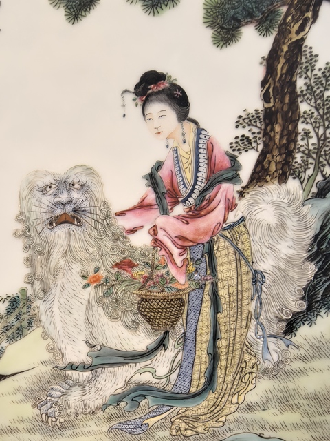 古玩陶瓷民國細路粉彩麻姑獻壽圖瓷板真品鑒賞圖