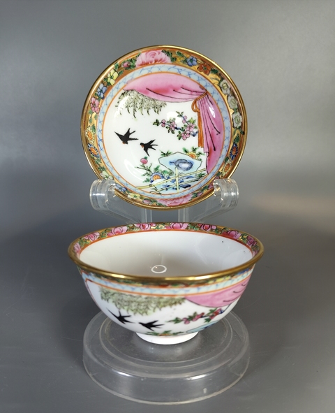 古玩陶瓷廣彩花鳥紋杯碟真品鑒賞圖