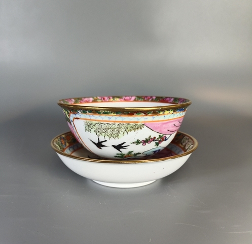 古玩陶瓷廣彩花鳥紋杯碟真品鑒賞圖